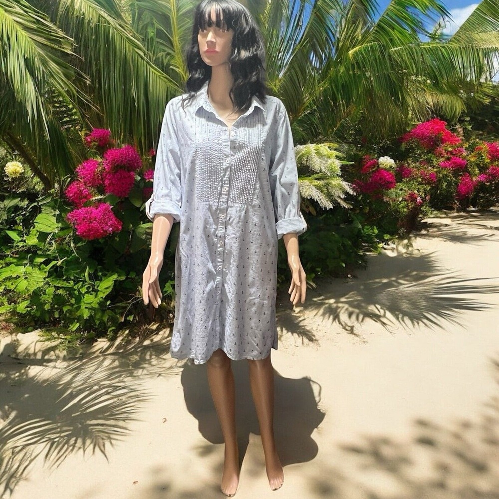 Hatley Nautical Anchors Shirt Dress 100% Cotton Size Large Pleated Long Sleeves